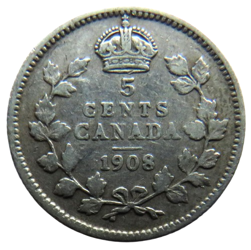 1908 King Edward VII Canada Silver 5 Cents Coin