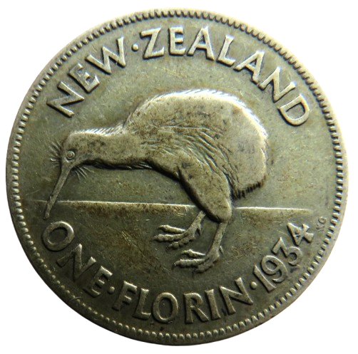 1934 King George V New Zealand Silver One Florin Coin