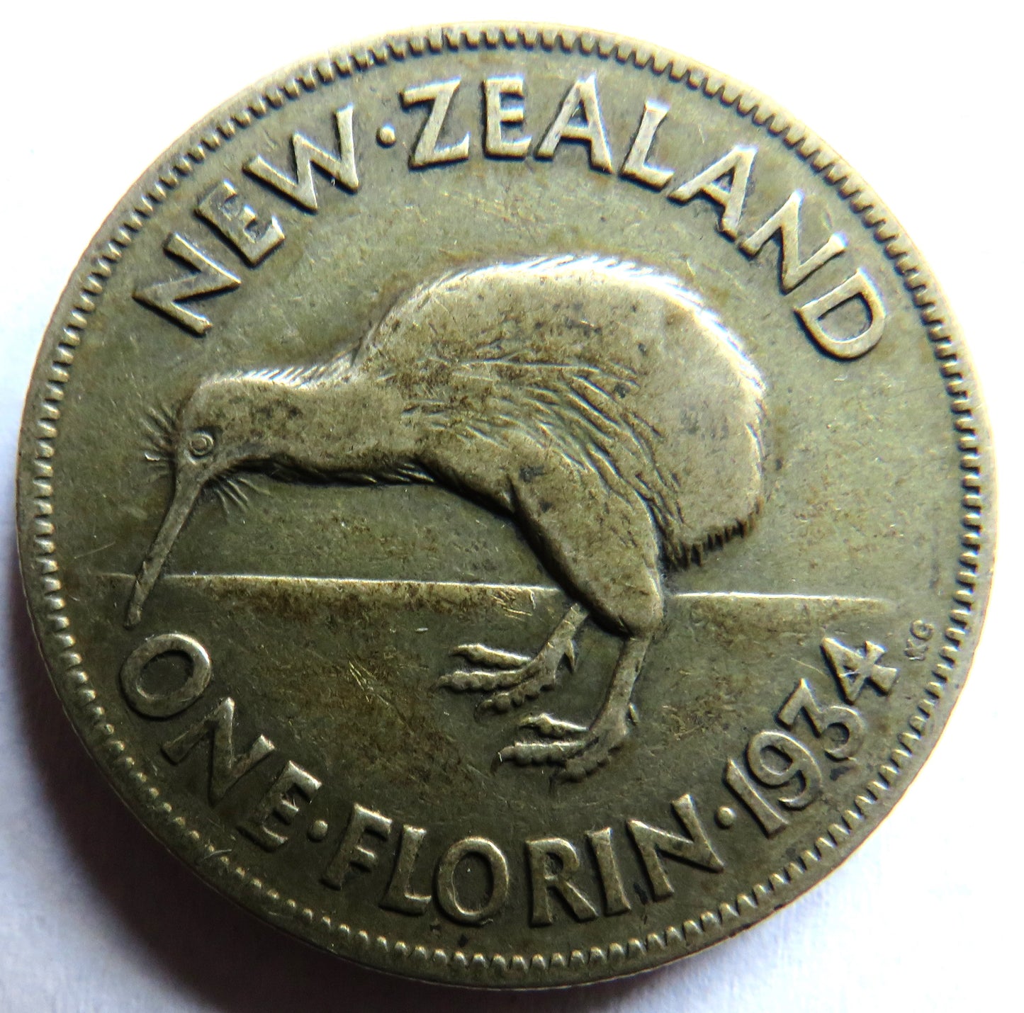 1934 King George V New Zealand Silver One Florin Coin