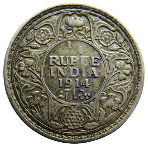 1914 King George V India Silver 1/4 Quarter Rupee Coin