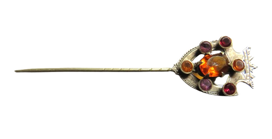 Antique Scottish White Metal, Orange, Red, Purple Stone Stick Pin / Brooch