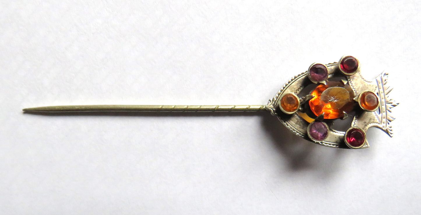 Antique Scottish White Metal, Orange, Red, Purple Stone Stick Pin / Brooch
