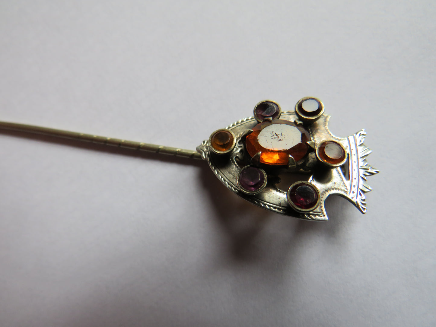 Antique Scottish White Metal, Orange, Red, Purple Stone Stick Pin / Brooch