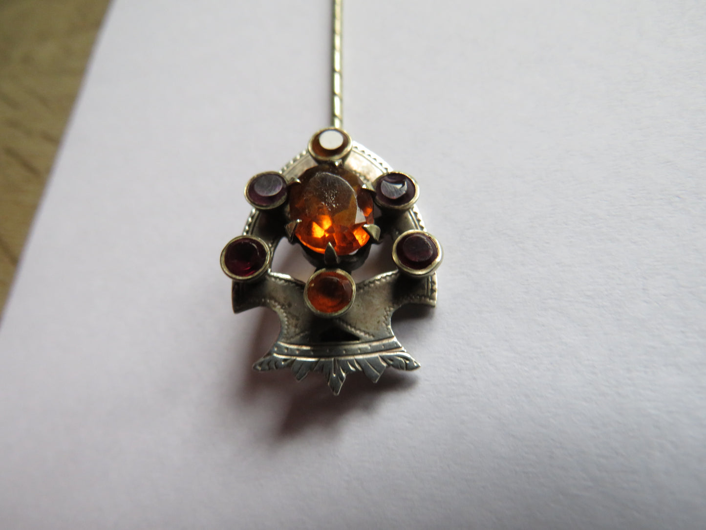 Antique Scottish White Metal, Orange, Red, Purple Stone Stick Pin / Brooch