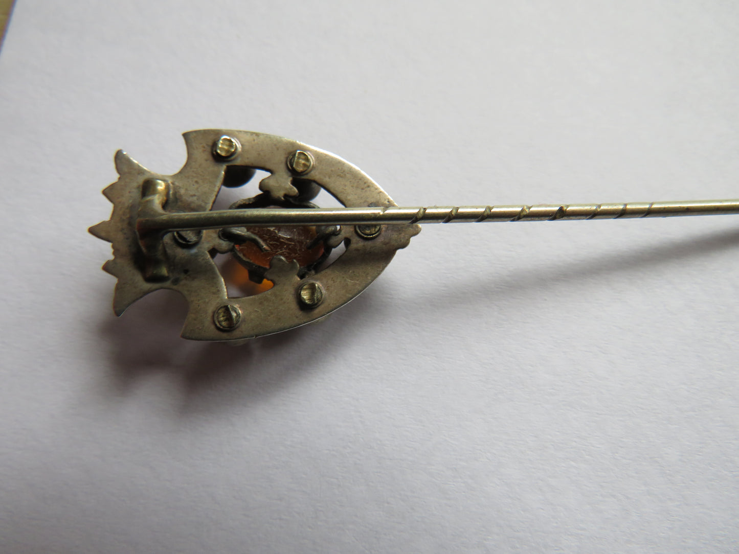 Antique Scottish White Metal, Orange, Red, Purple Stone Stick Pin / Brooch