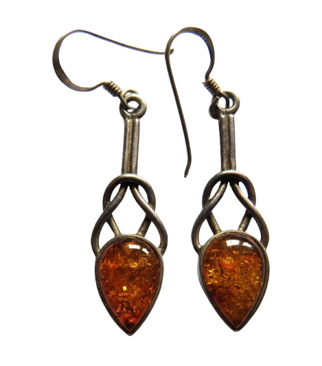 Stylish Pair of Ladies Sterling Silver & Amber Earrings