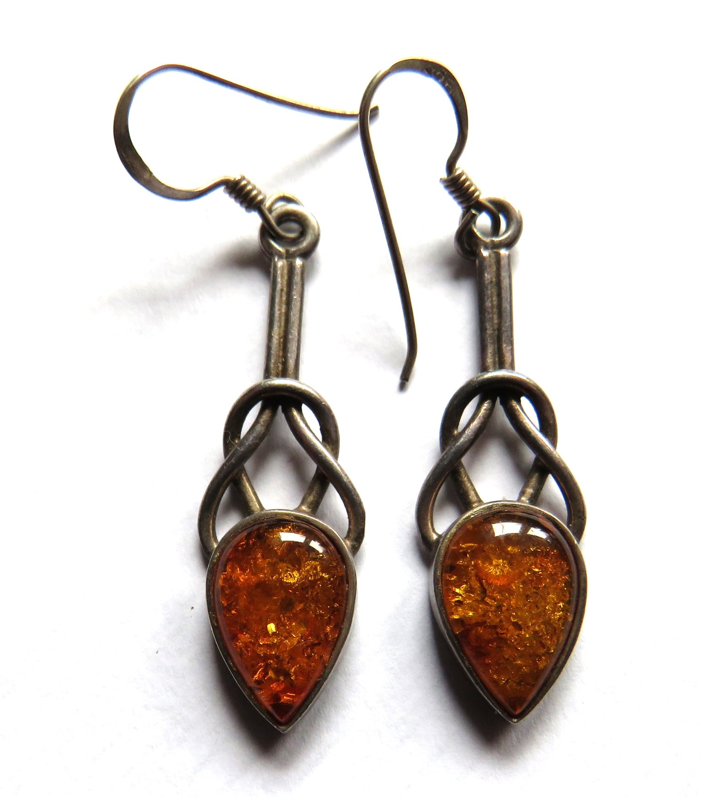 Stylish Pair of Ladies Sterling Silver & Amber Earrings