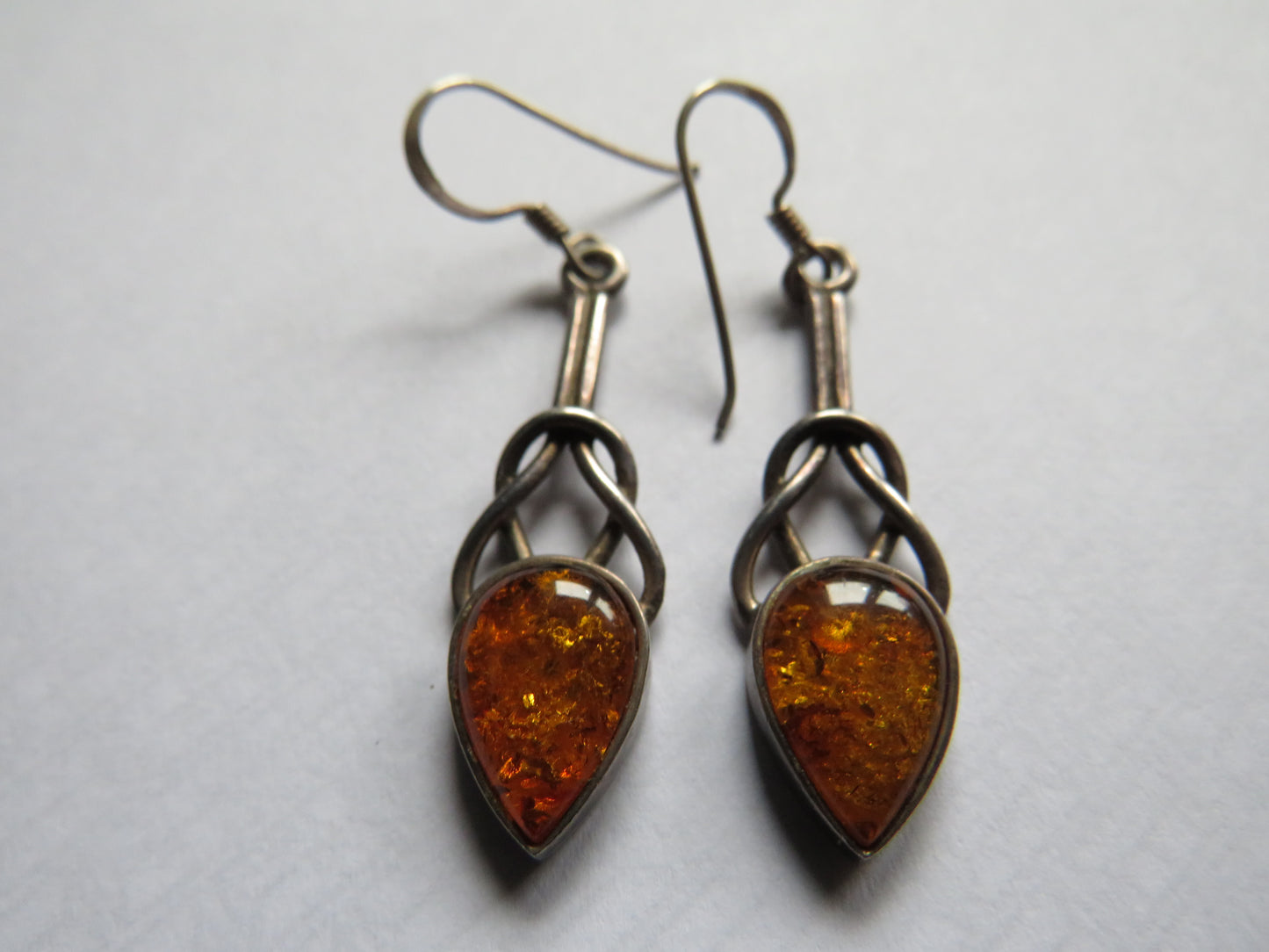 Stylish Pair of Ladies Sterling Silver & Amber Earrings