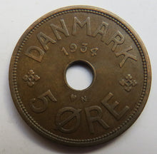 Load image into Gallery viewer, 1934 Denmark 5 Ore Coin
