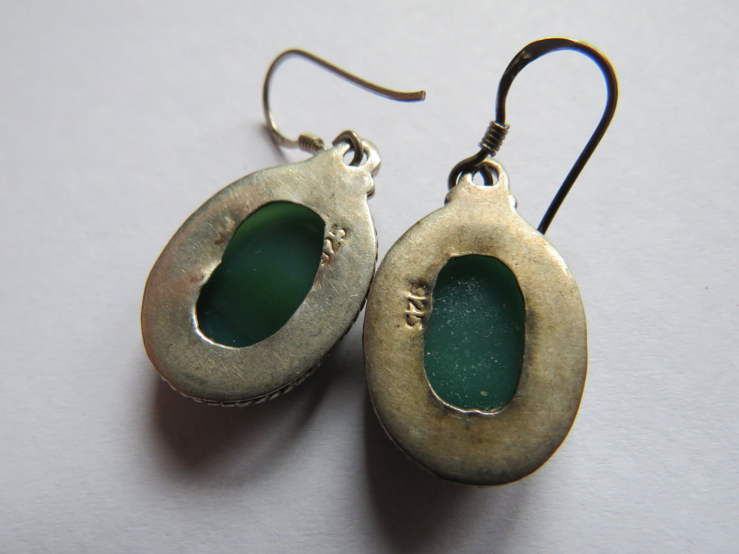 Pair of Ladies Sterling Silver & Green Stone Earrings