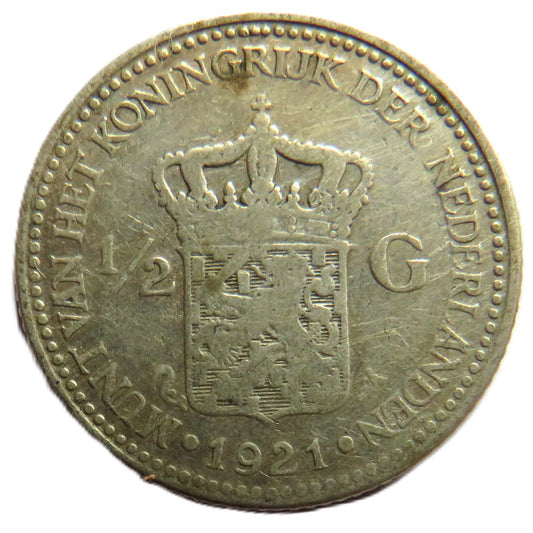 1921 Netherlands Silver 1/2 Gulden Coin