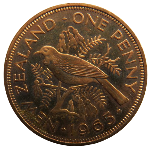 1965 Queen Elizabeth II New Zealand One Penny Prooflike Coin