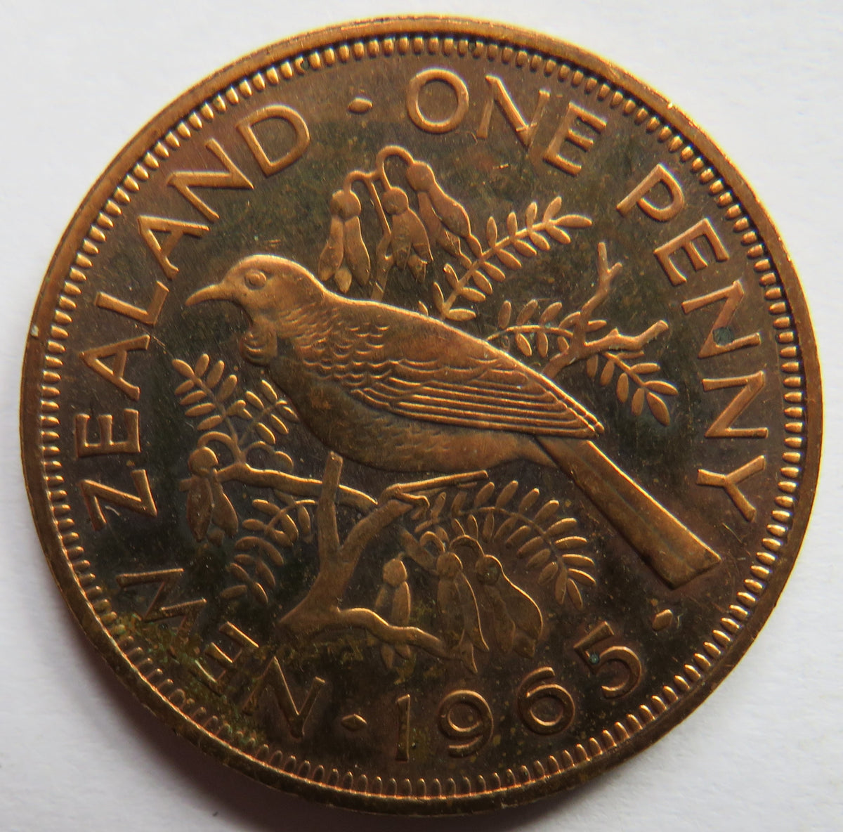 1965 Queen Elizabeth II New Zealand One Penny Prooflike Coin