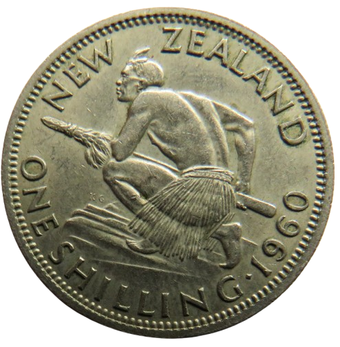 1960 Queen Elizabeth II New Zealand One Shilling Coin image 1