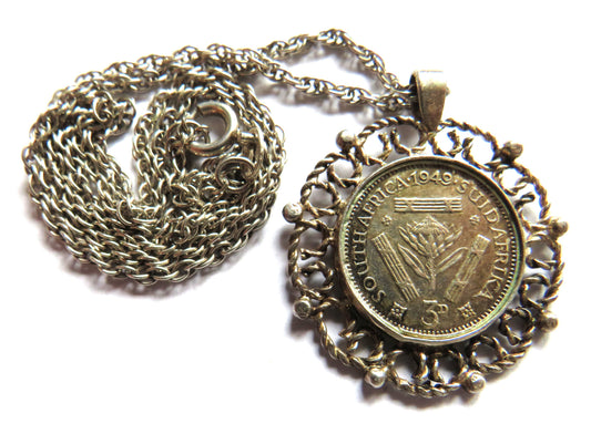 Vintage Sterling Silver Necklace & Pendant With 1949 South Africa Threepence Coin