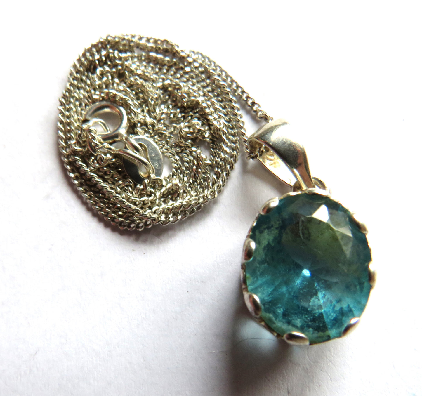 Stylish Ladies Sterling Silver Necklace & Blue Stone Pendant