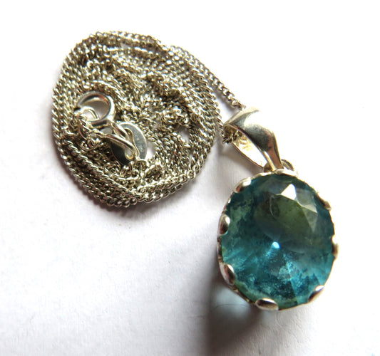 Stylish Ladies Sterling Silver Necklace & Blue Stone Pendant