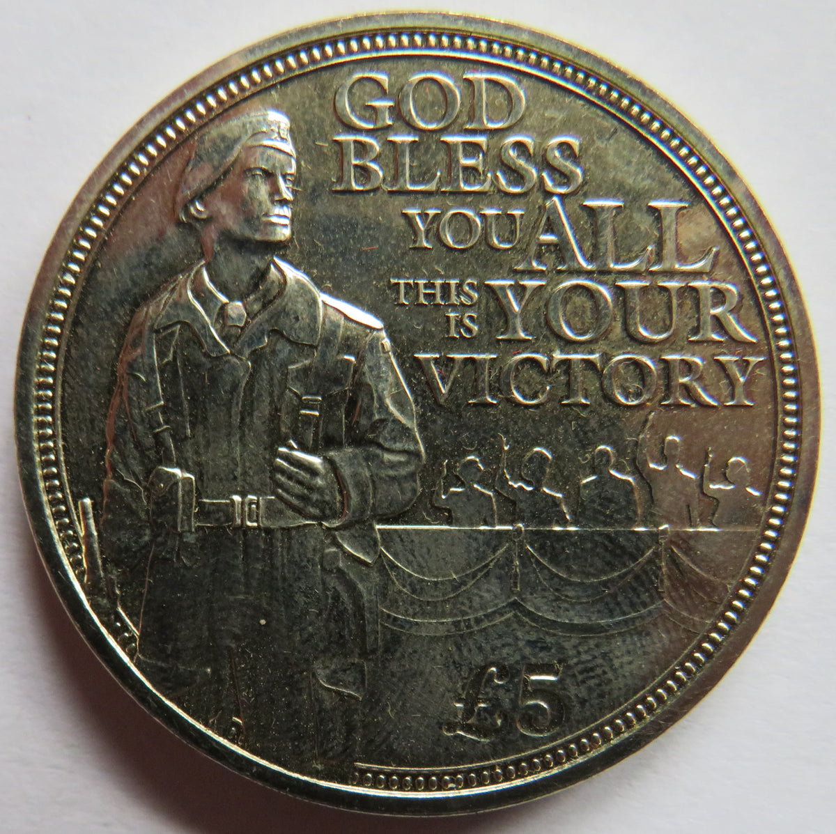 2020 Guernsey £5 Coin VE Day "God Bless You All"