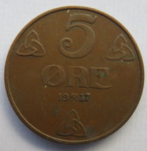 Load image into Gallery viewer, 1937 Norway 5 Ore Coin
