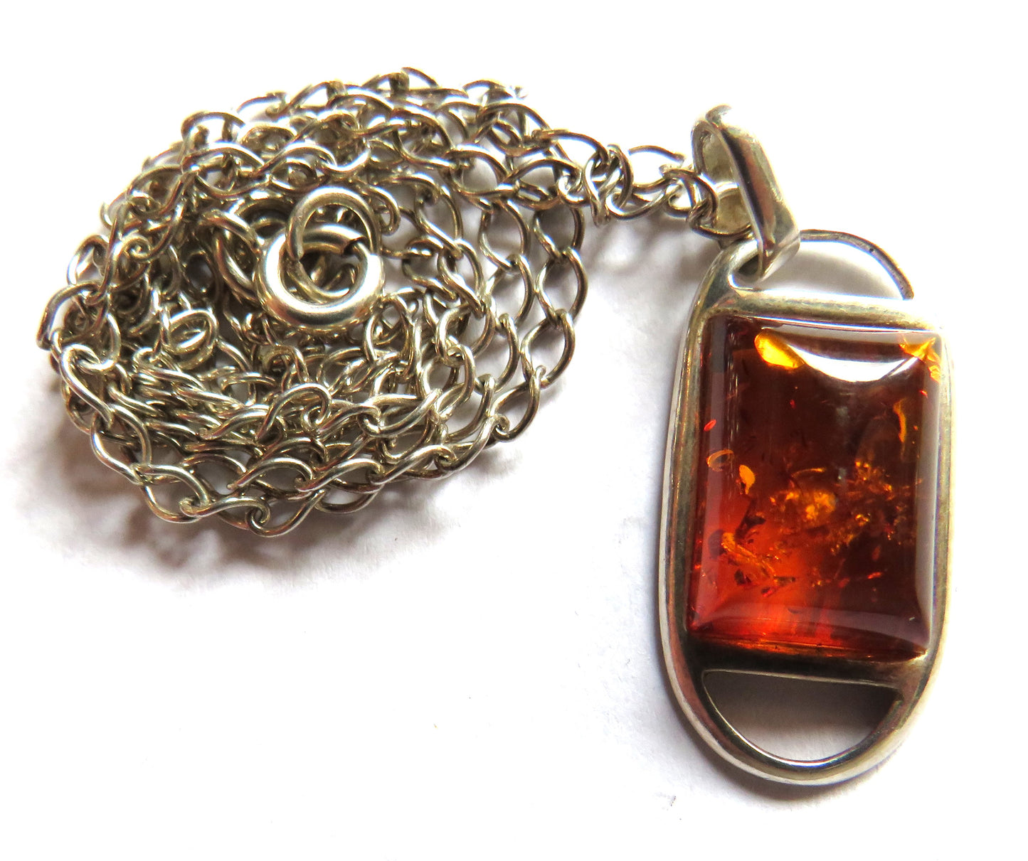 Ladies Sterling Silver Necklace & Amber Pendant