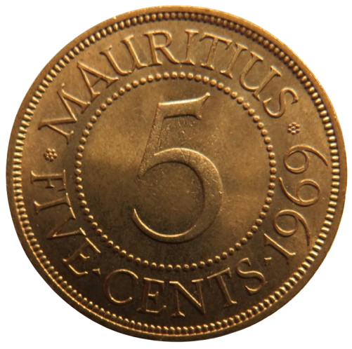 1969 Queen Elizabeth II Mauritius 5 Cents Coin Unc