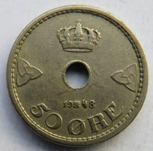 Load image into Gallery viewer, 1948 Norway 50 Ore Coin
