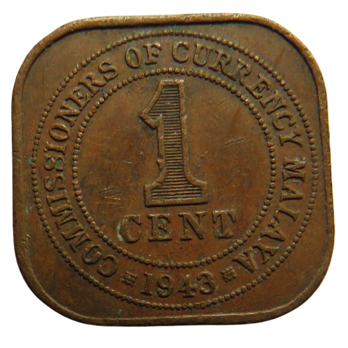 1943 King George VI Commissioners of Currency Malaya One Cent Coin