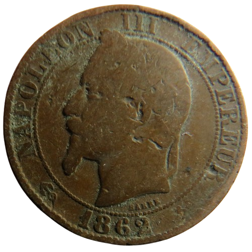 1862-K France Napoleon III 5 Centimes Coin