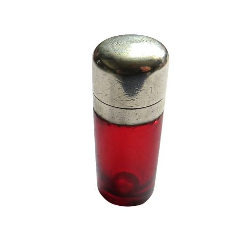 Antique Victorian Cranberry Glass & Sterling Silver Scent / Smelling Salts Bottle With Stopper London 1880