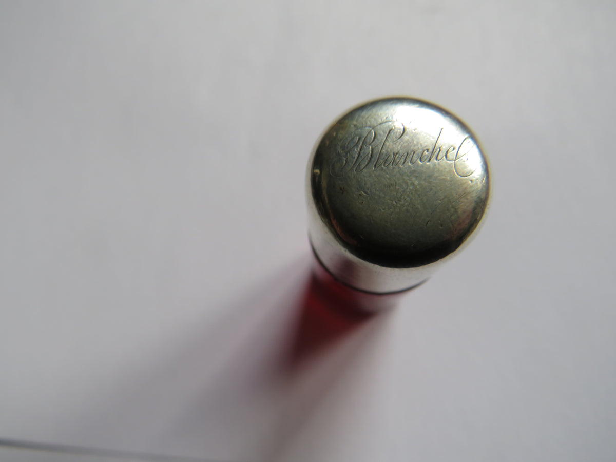Antique Victorian Cranberry Glass & Sterling Silver Scent / Smelling Salts Bottle With Stopper London 1880