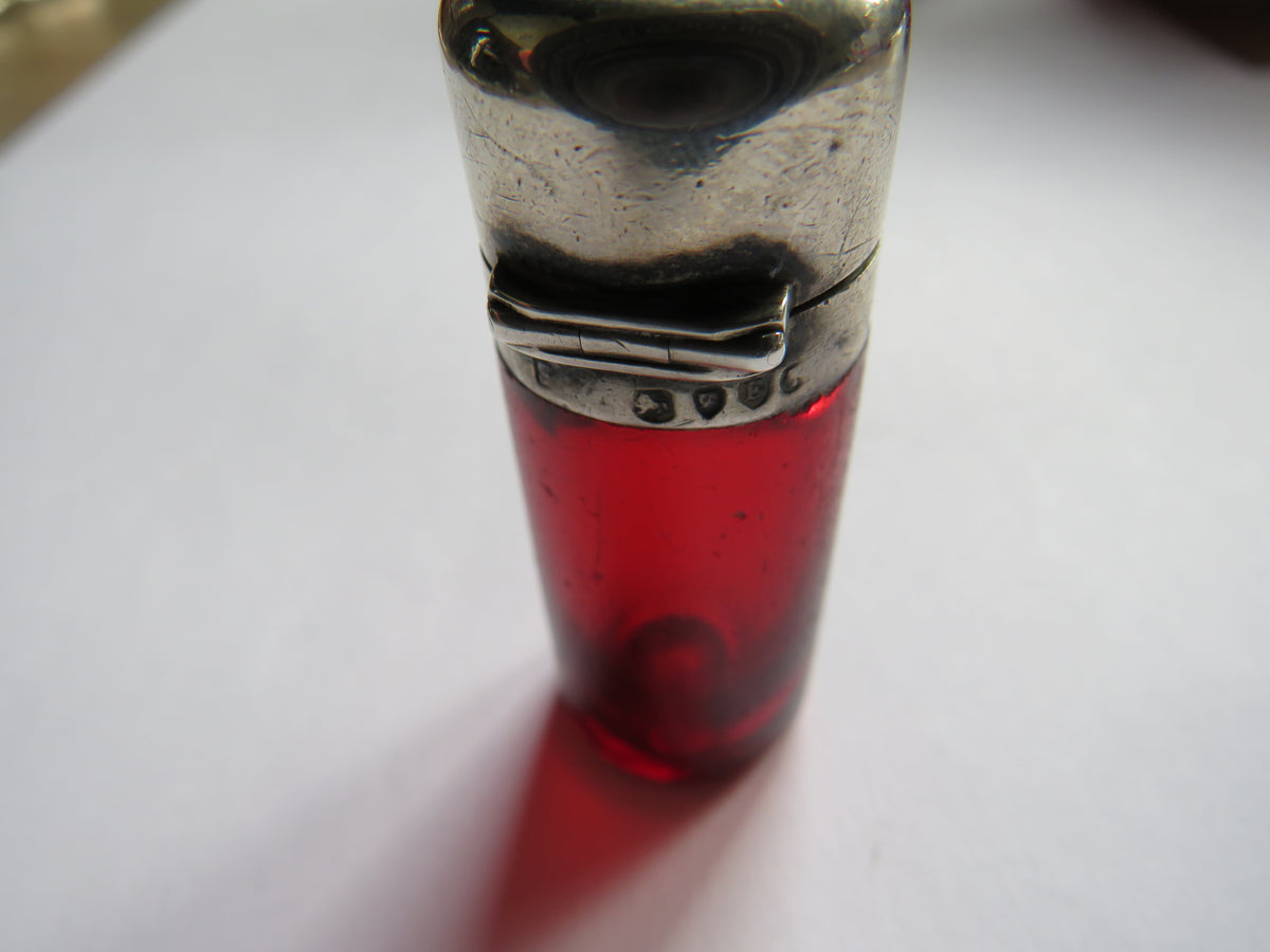 Antique Victorian Cranberry Glass & Sterling Silver Scent / Smelling Salts Bottle With Stopper London 1880