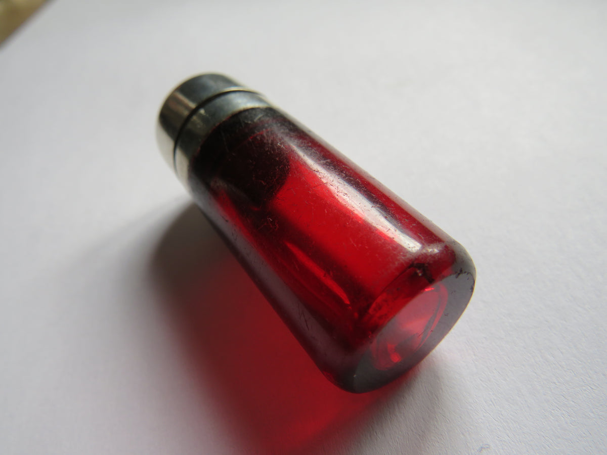 Antique Victorian Cranberry Glass & Sterling Silver Scent / Smelling Salts Bottle With Stopper London 1880