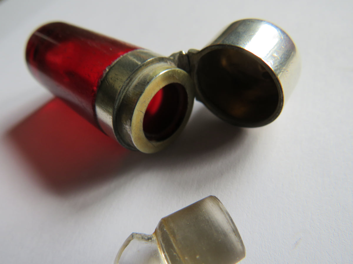 Antique Victorian Cranberry Glass & Sterling Silver Scent / Smelling Salts Bottle With Stopper London 1880