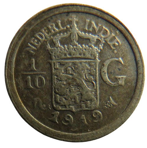 1919 Netherlands East Indies Silver 1/10 Gulden Coin