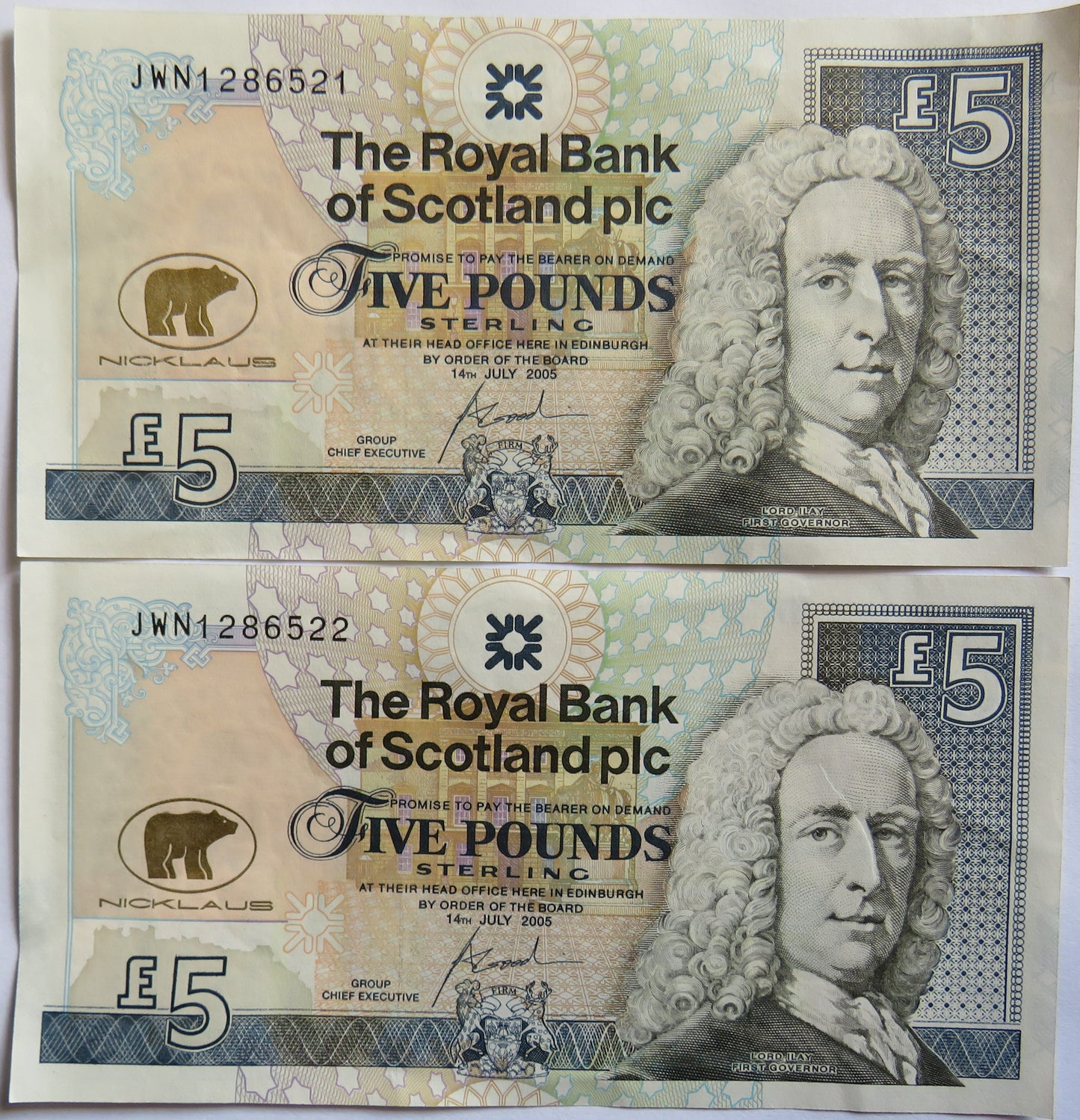 2005 The Royal Bank of Scotland £5 Banknotes Jack Nicklaus Consecutive Pair