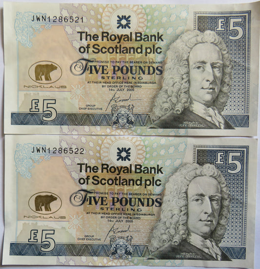 2005 The Royal Bank of Scotland £5 Banknotes Jack Nicklaus Consecutive Pair
