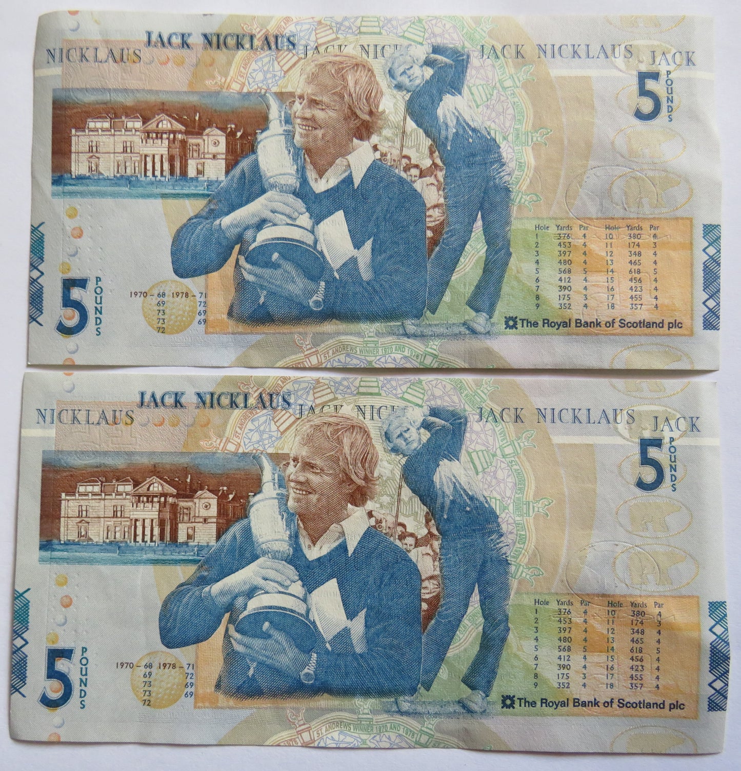 2005 The Royal Bank of Scotland £5 Banknotes Jack Nicklaus Consecutive Pair