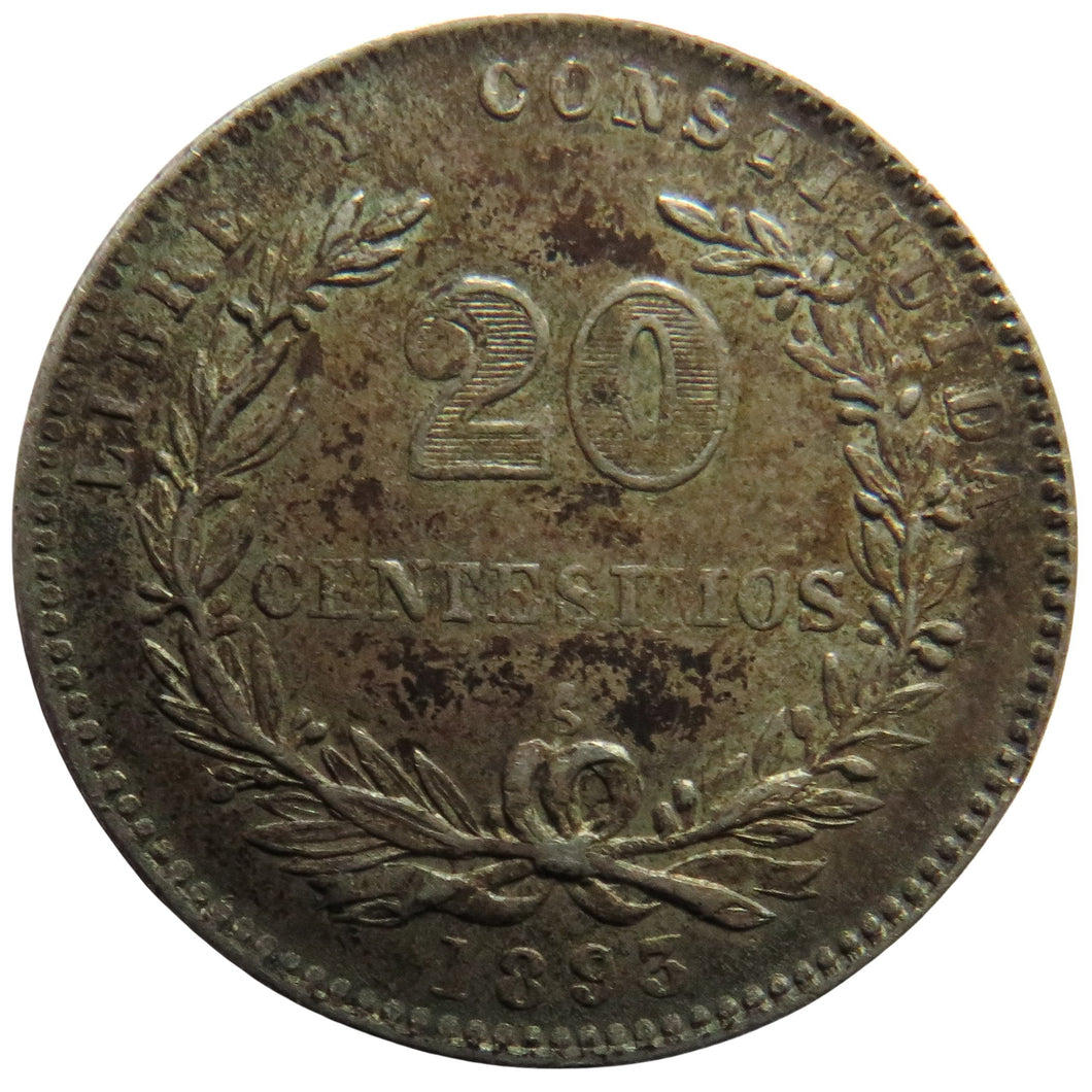 1893 Uruguay Silver 20 Centesimos Coin In Higher Grade