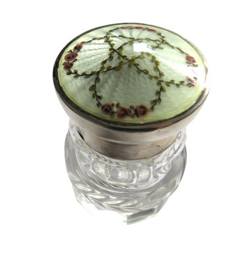 An Excellent Antique Sterling Silver & Enamel Lid Glass Jar / Pot Hallmarked Birmingham 1914