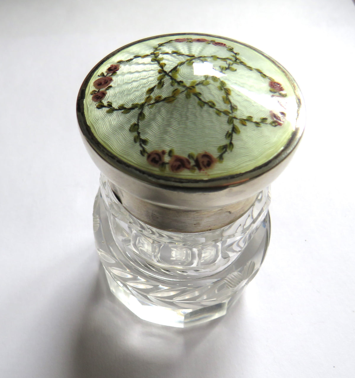 An Excellent Antique Sterling Silver & Enamel Lid Glass Jar / Pot Hallmarked Birmingham 1914