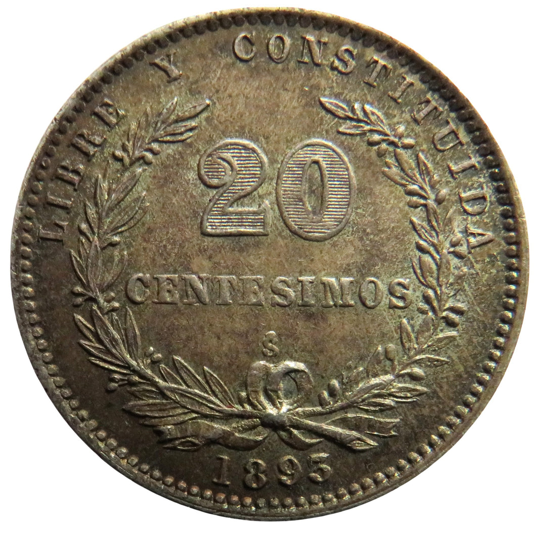 1893 Uruguay Silver 20 Centesimos Coin In Higher Grade