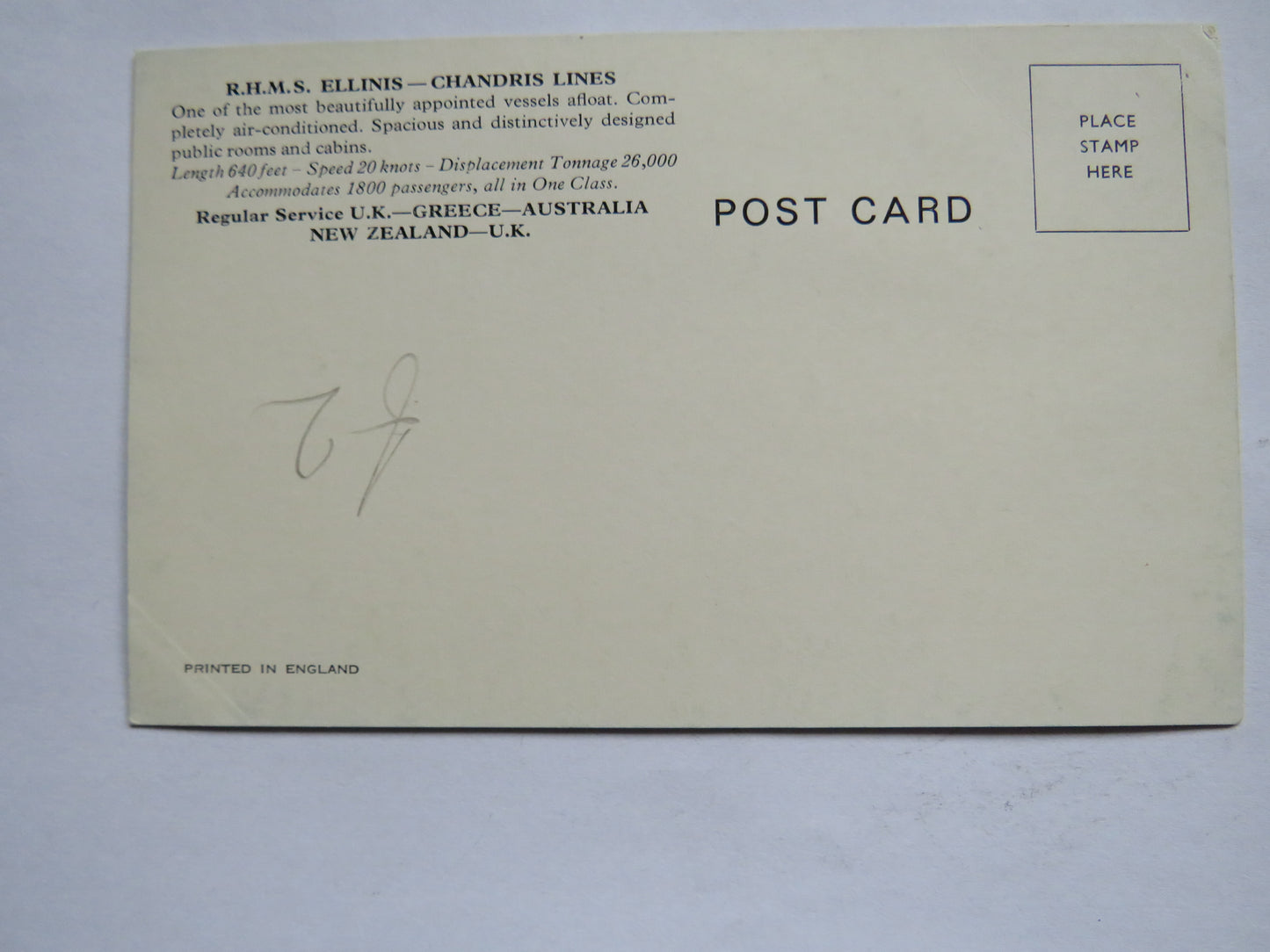 Vintage Shipping Postcard of R.H.M.S. Ellinis Chandris Lines