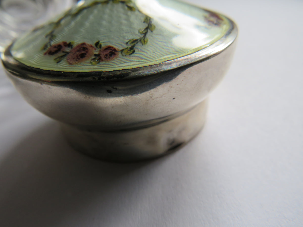 An Excellent Antique Sterling Silver & Enamel Lid Glass Jar / Pot Hallmarked Birmingham 1914