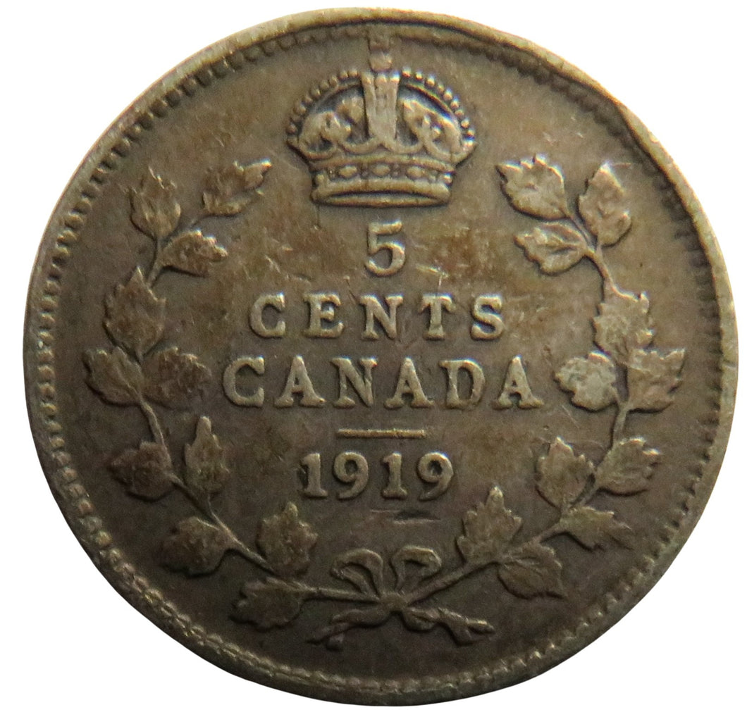 1919 King George V Canada Silver 5 Cents Coin