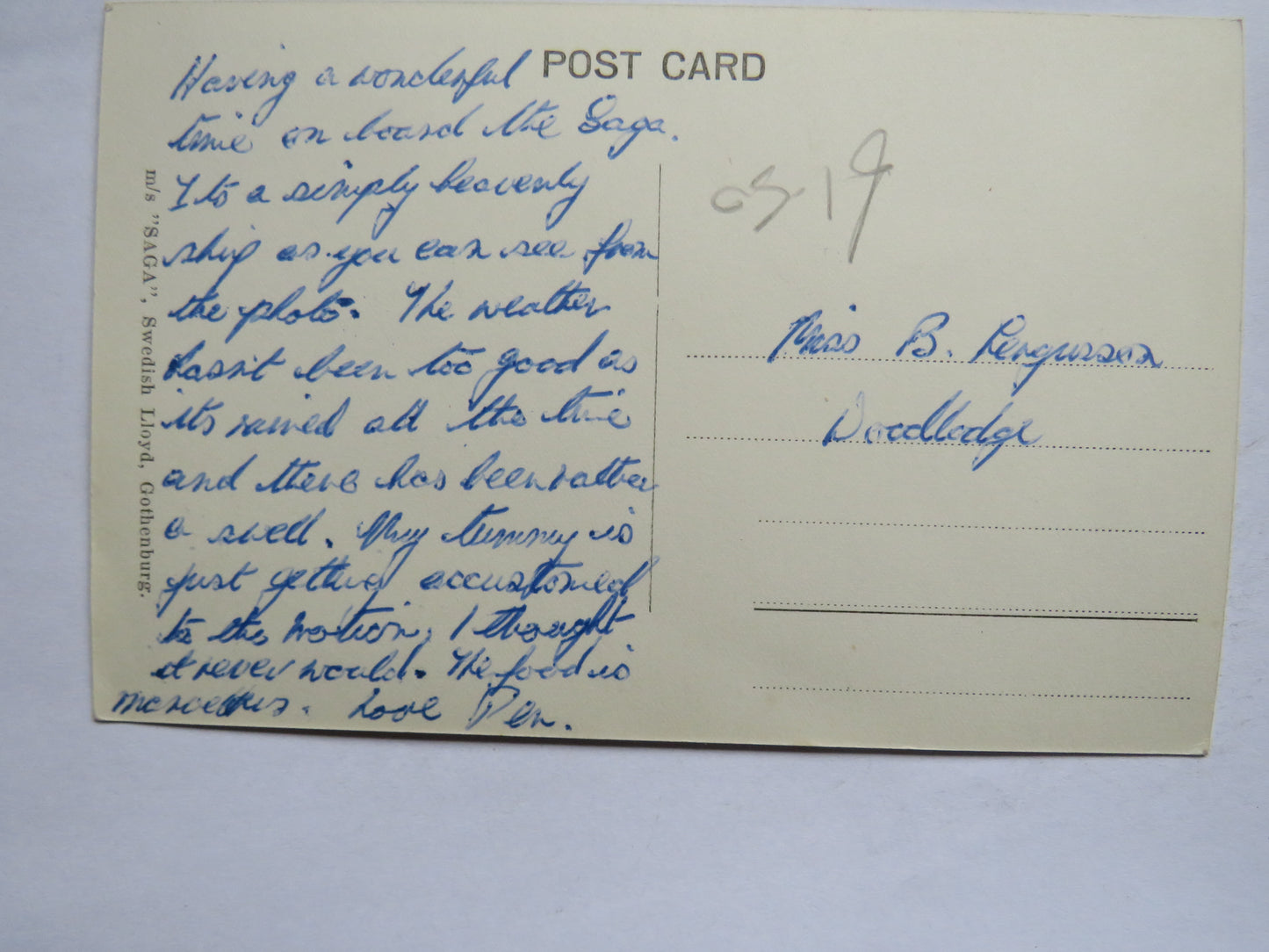 Vintage Shipping Postcard of M/S Saga Swedish Lloyd, Gothenburg