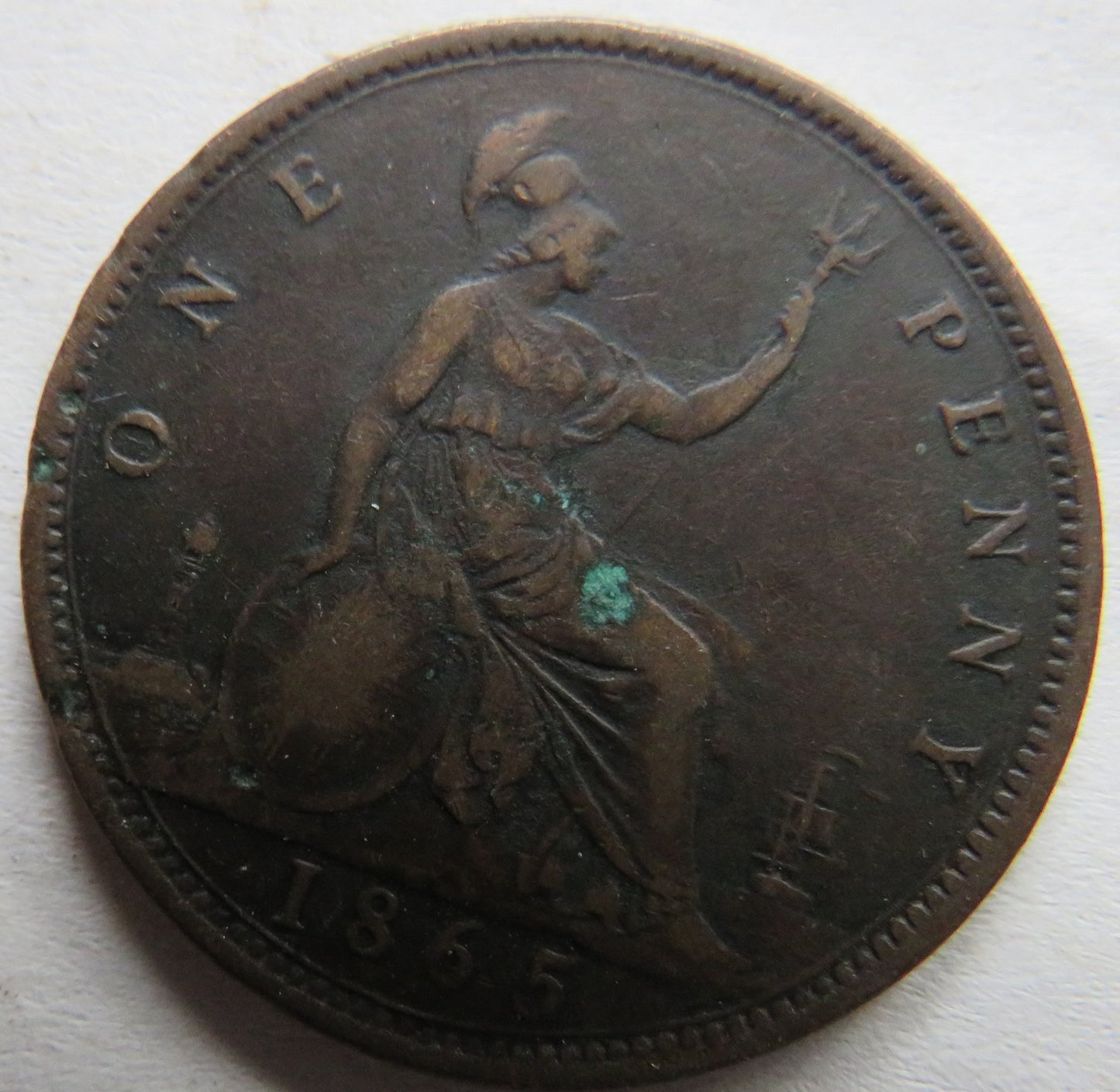 1865 Queen Victoria Bun Head One Penny Coin - Great Britain