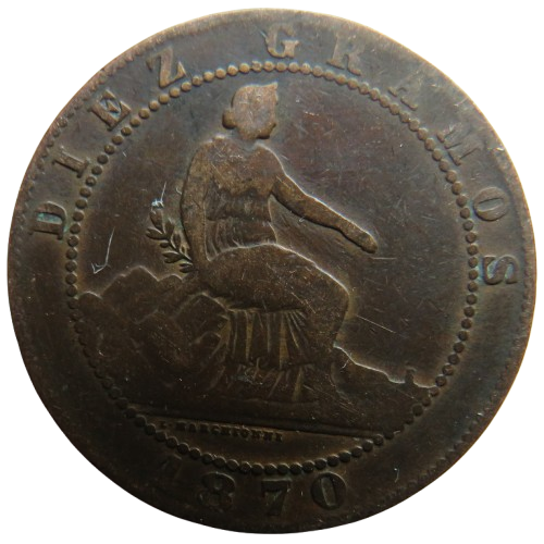 1870 Spain 10 Centimos Coin