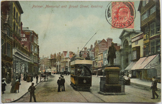 Vintage Postcard of Palmer Memorial and Broad Street, Reading 1907
