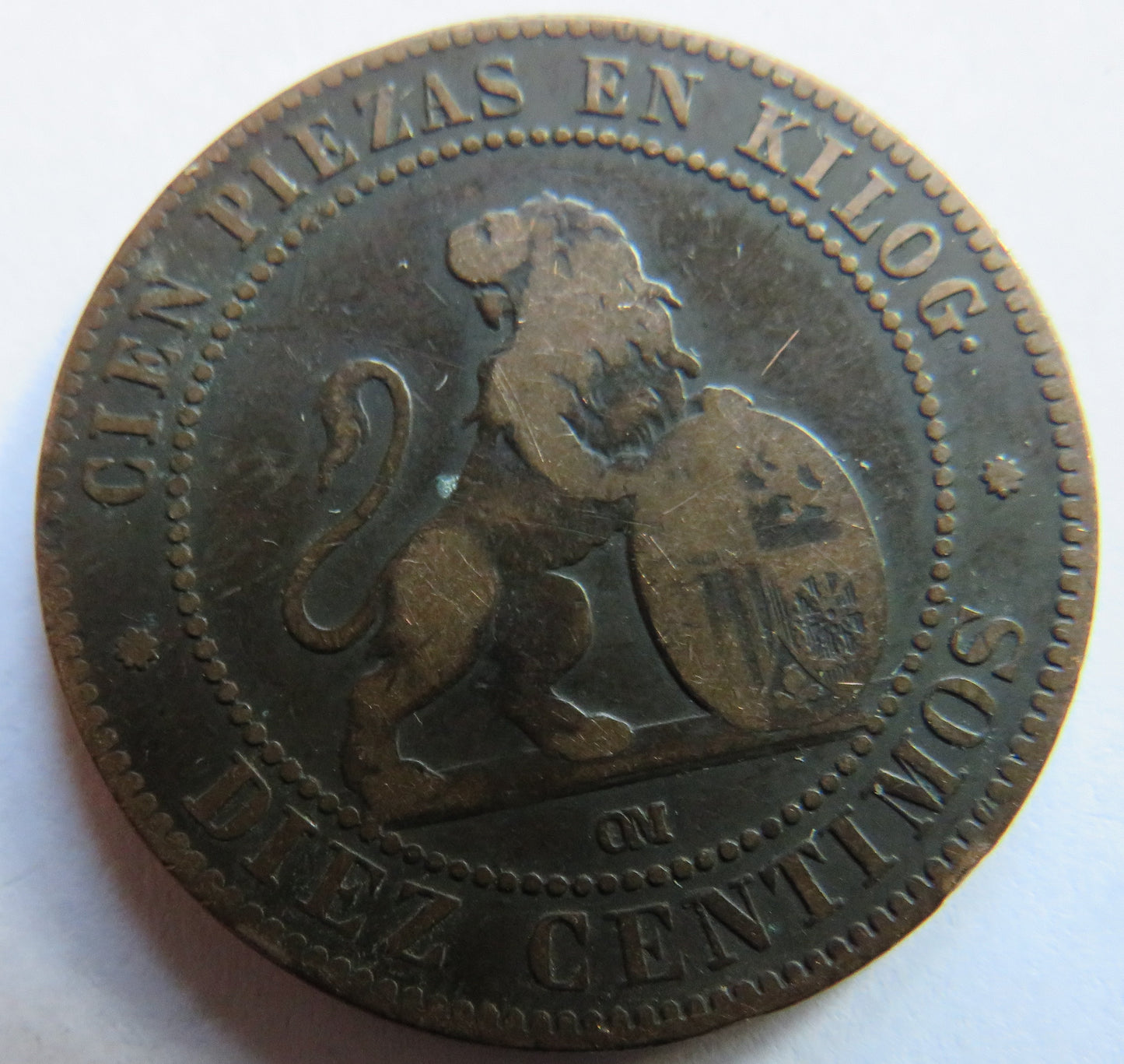 1870 Spain 10 Centimos Coin