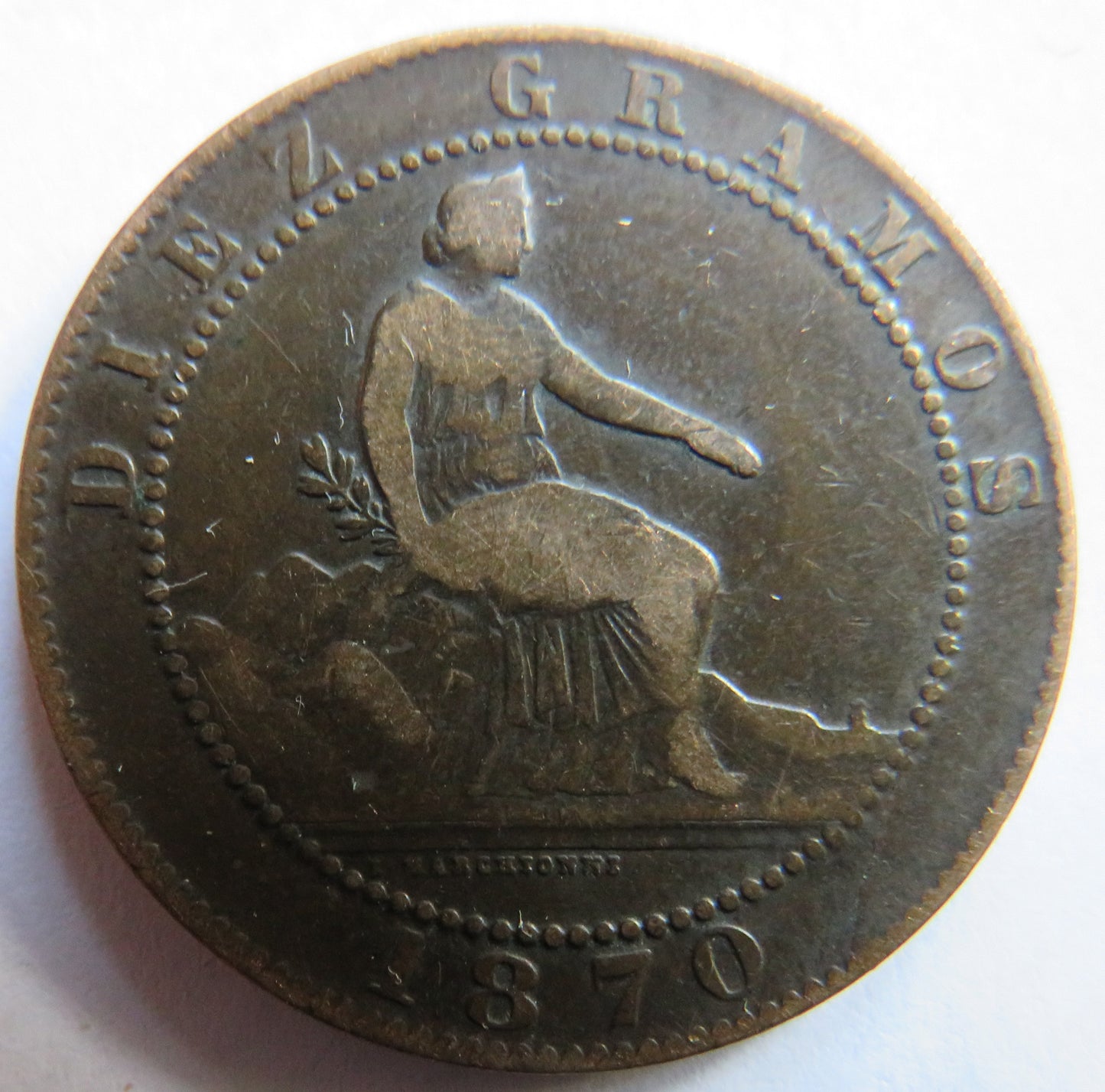 1870 Spain 10 Centimos Coin